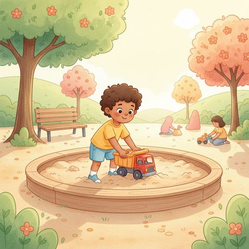Pedro brincando alegremente com seu caminhão vermelho na areia do parque